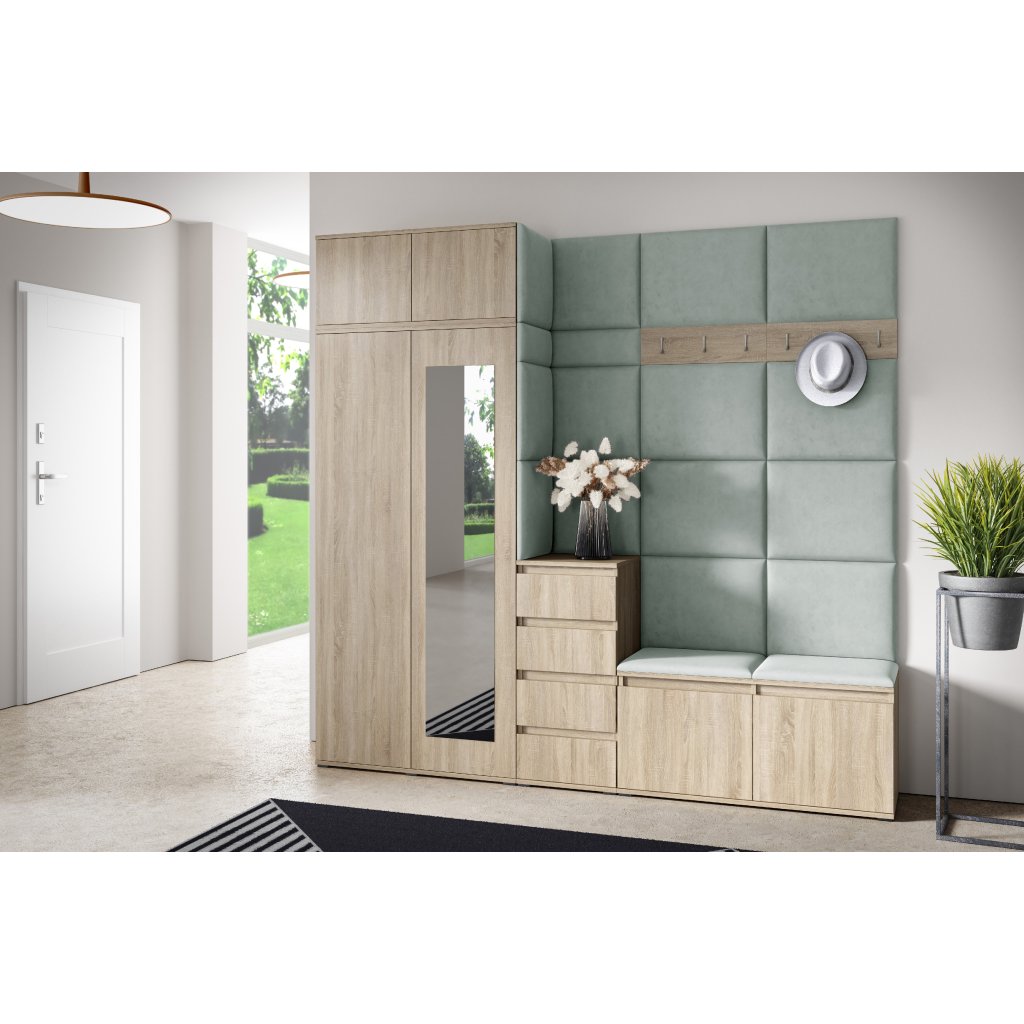 Eka Předsíňová stěna s čalouněnými panely Trinity 33 - Sonoma / Světlá zelená 2321