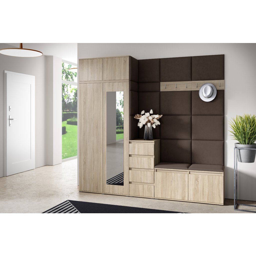 Eka Předsíňová stěna s čalouněnými panely Trinity 33 - Sonoma / Tmavá hnědá 2308