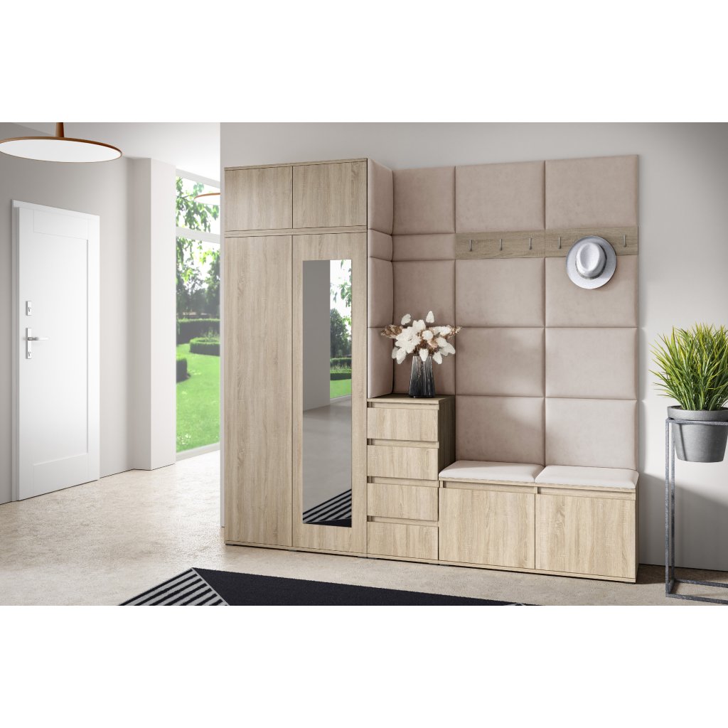 Eka Předsíňová stěna s čalouněnými panely Trinity 33 - Sonoma / Tmavá krémová 2302