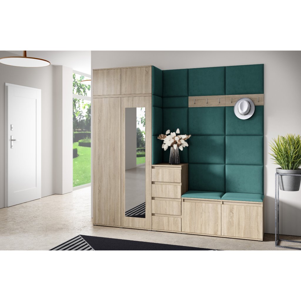Eka Předsíňová stěna s čalouněnými panely Trinity 33 - Sonoma / Tmavá zelená 2328
