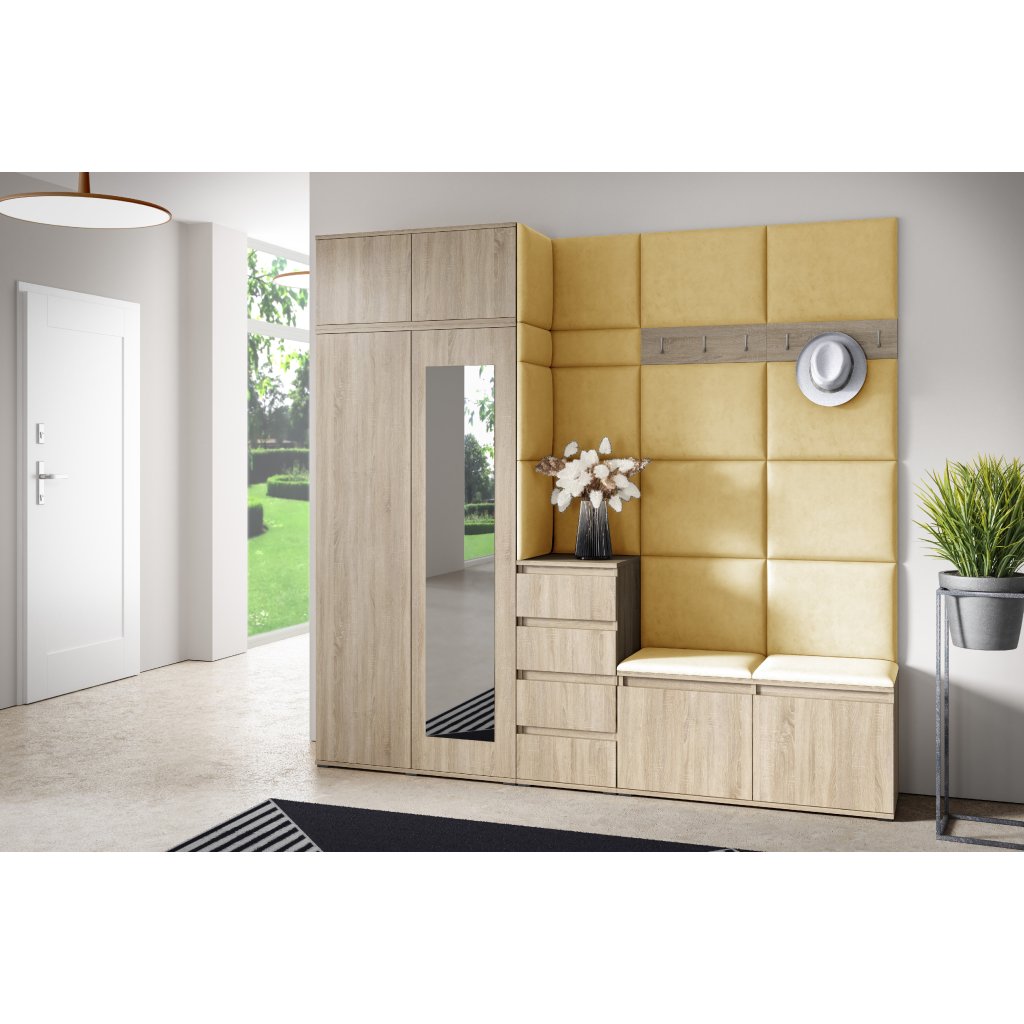 Eka Předsíňová stěna s čalouněnými panely Trinity 33 - Sonoma / Žlutá 2318