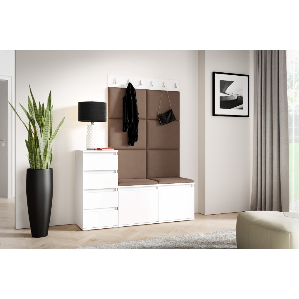 Eka Předsíňová stěna s čalouněnými panely Trinity 34 - Bílá / Hnědá 2307