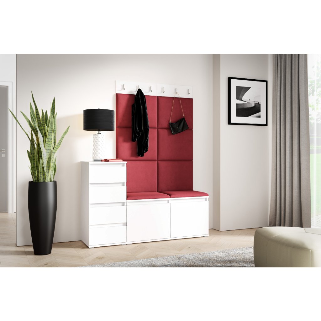 Eka Předsíňová stěna s čalouněnými panely Trinity 34 - Bílá / Rubínová 2324