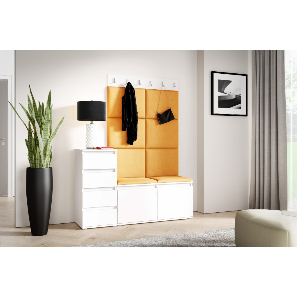 Eka Předsíňová stěna s čalouněnými panely Trinity 34 - Bílá / Hořčicová 2326