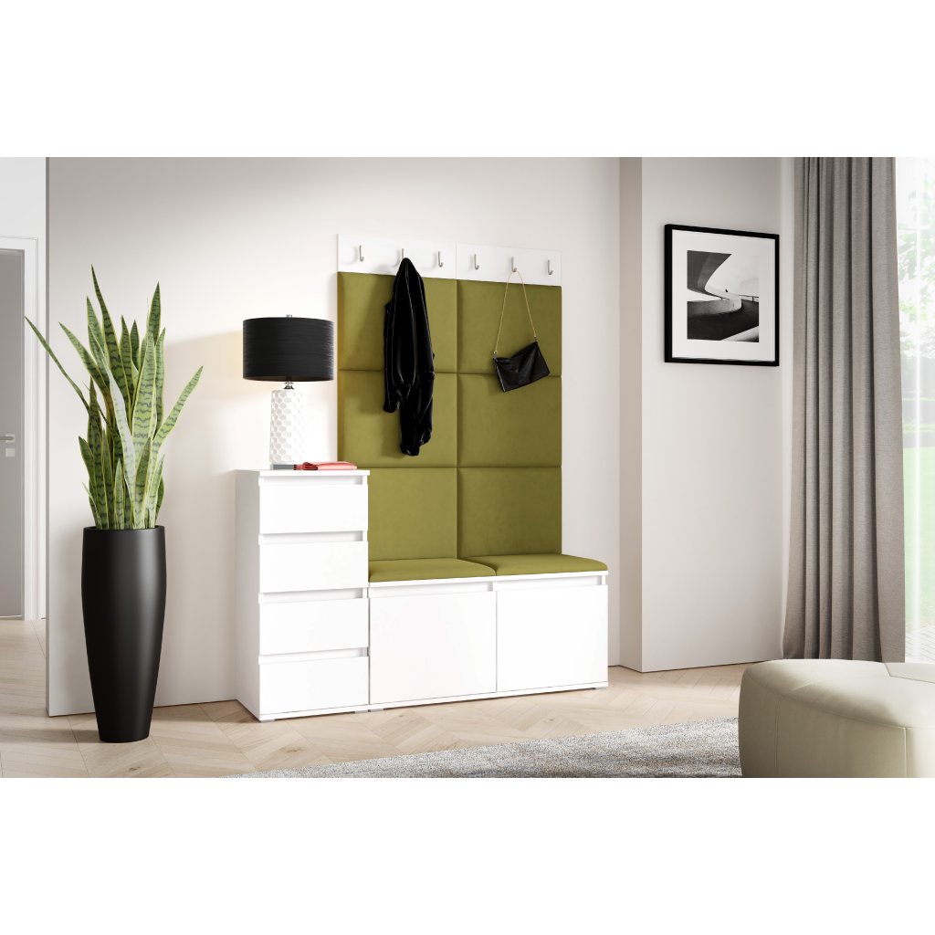 Eka Předsíňová stěna s čalouněnými panely Trinity 34 - Bílá / Khaki zelená 2327