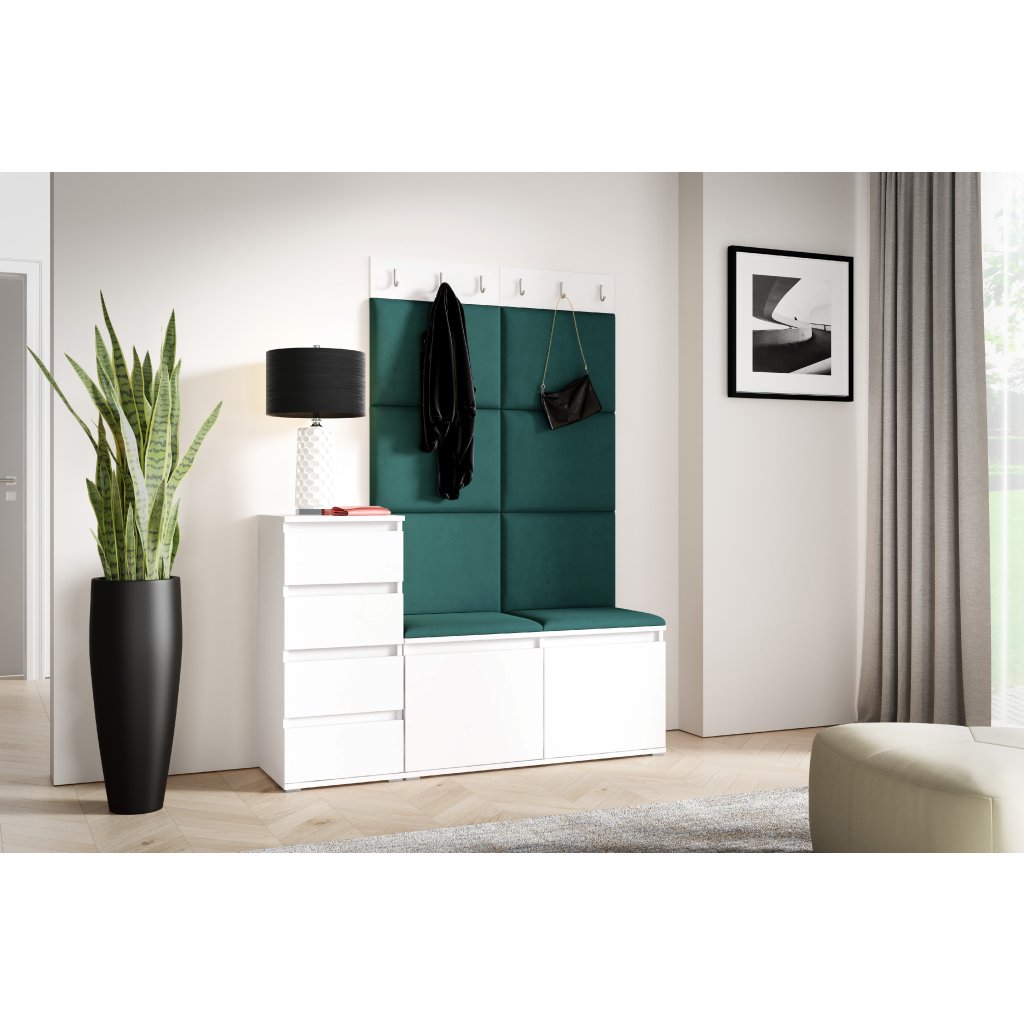 Eka Předsíňová stěna s čalouněnými panely Trinity 34 - Bílá / Tmavá zelená 2328