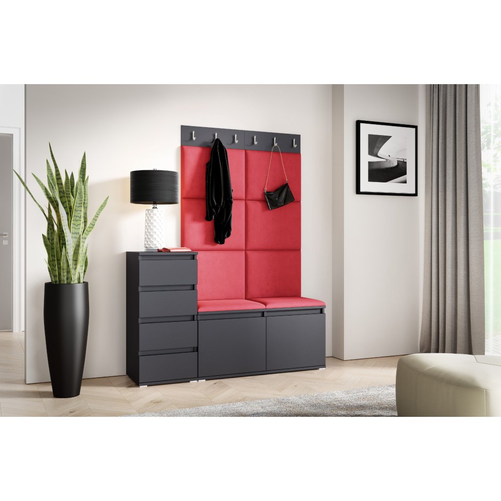 Eka Předsíňová stěna s čalouněnými panely Trinity 34 - Grafit / Červená 2309