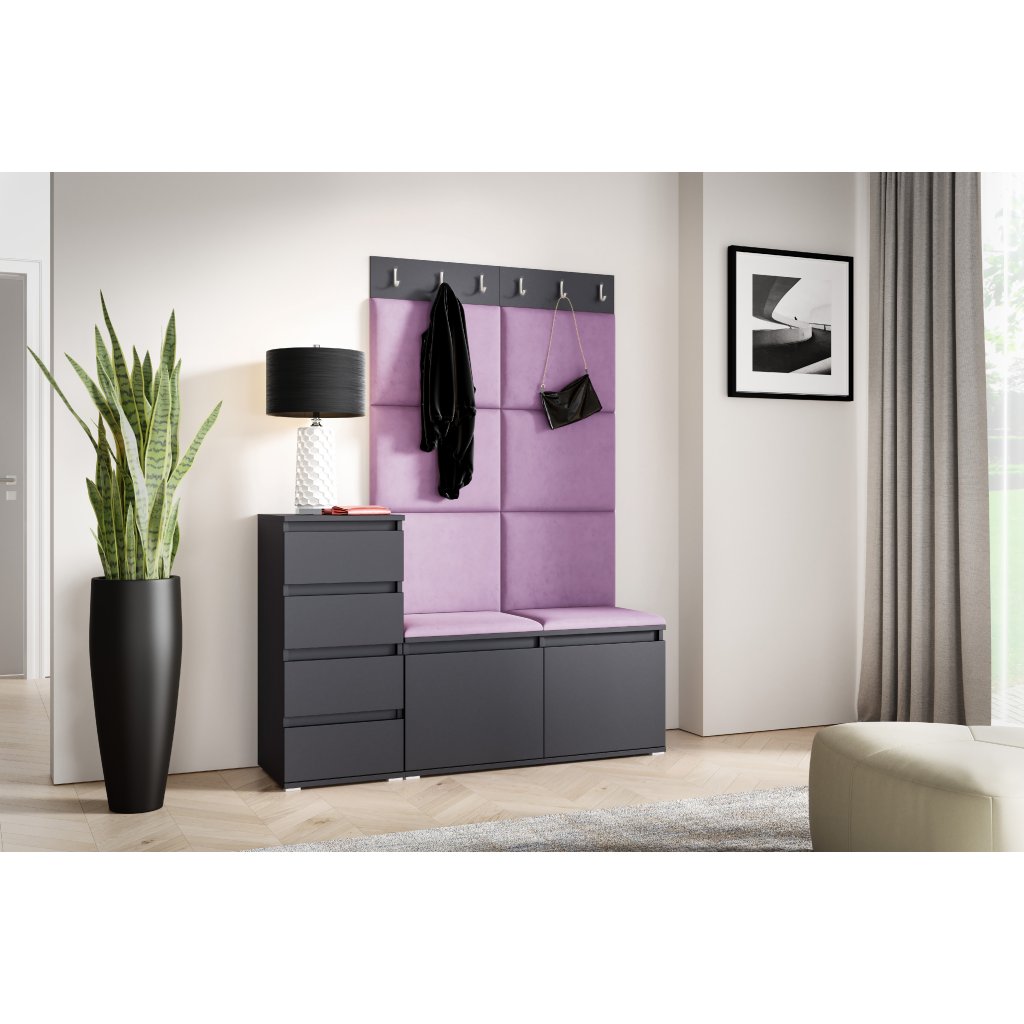 Eka Předsíňová stěna s čalouněnými panely Trinity 34 - Grafit / Fialová 2311