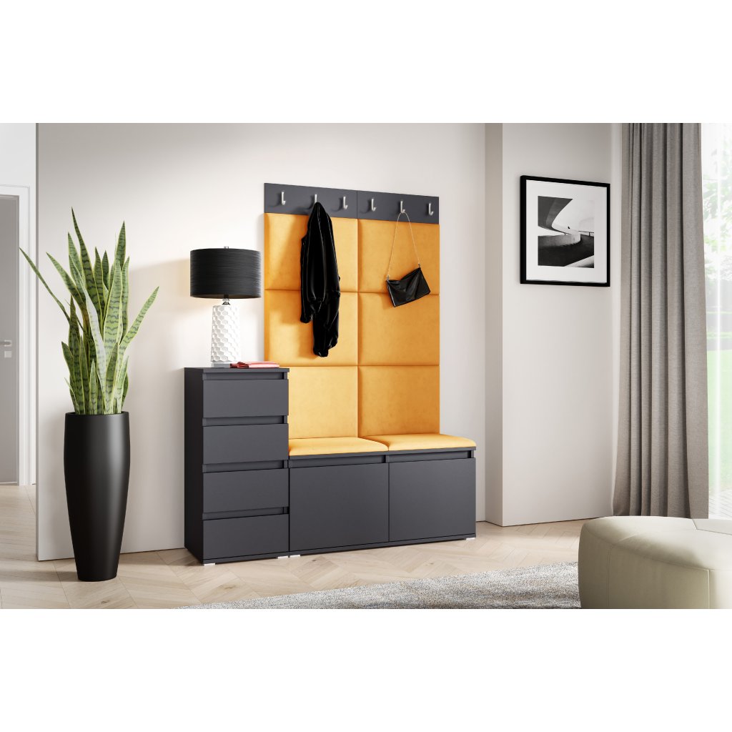 Eka Předsíňová stěna s čalouněnými panely Trinity 34 - Grafit / Hořčicová 2326