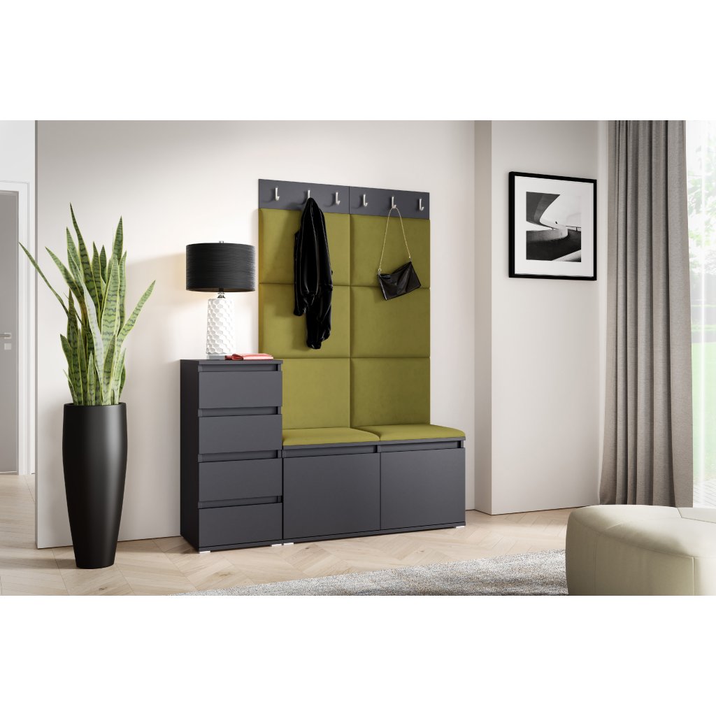 Eka Předsíňová stěna s čalouněnými panely Trinity 34 - Grafit / Khaki zelená 2327