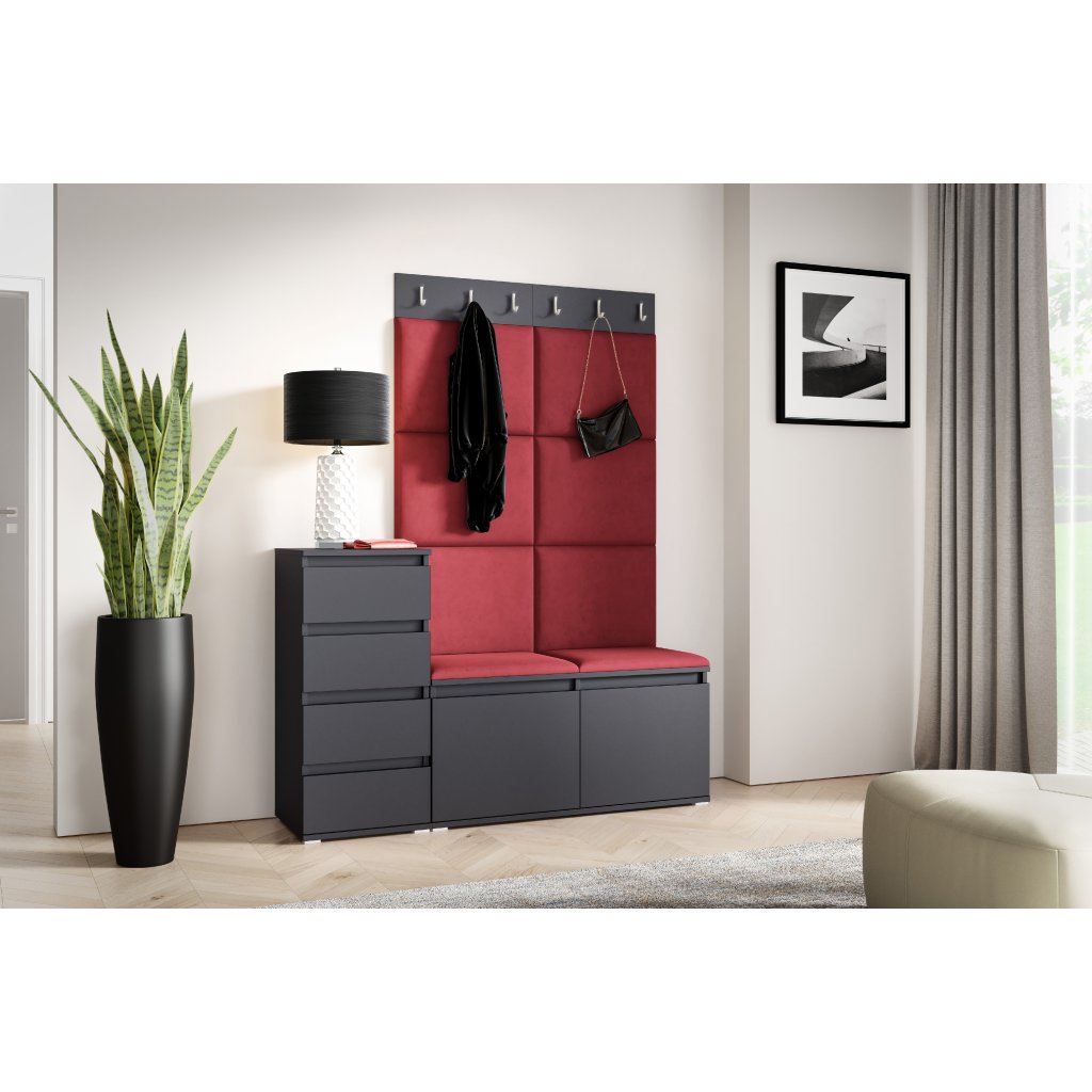 Eka Předsíňová stěna s čalouněnými panely Trinity 34 - Grafit / Rubínová 2324