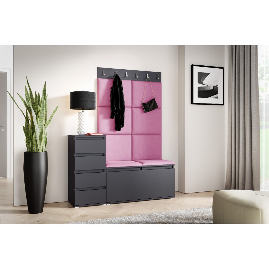 Eka Předsíňová stěna s čalouněnými panely Trinity 34 - Grafit / Růžová 2310