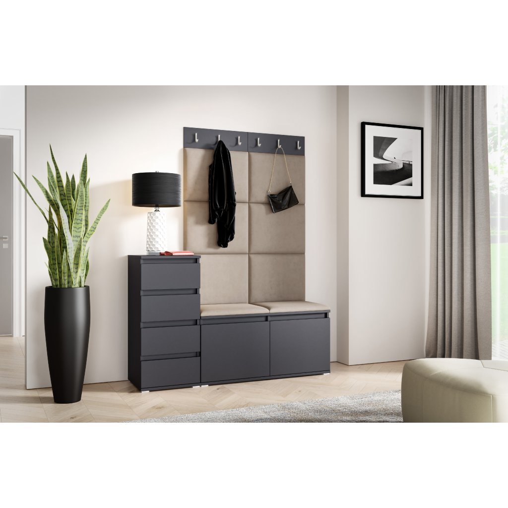 Eka Předsíňová stěna s čalouněnými panely Trinity 34 - Grafit / Světlá béžová 2303