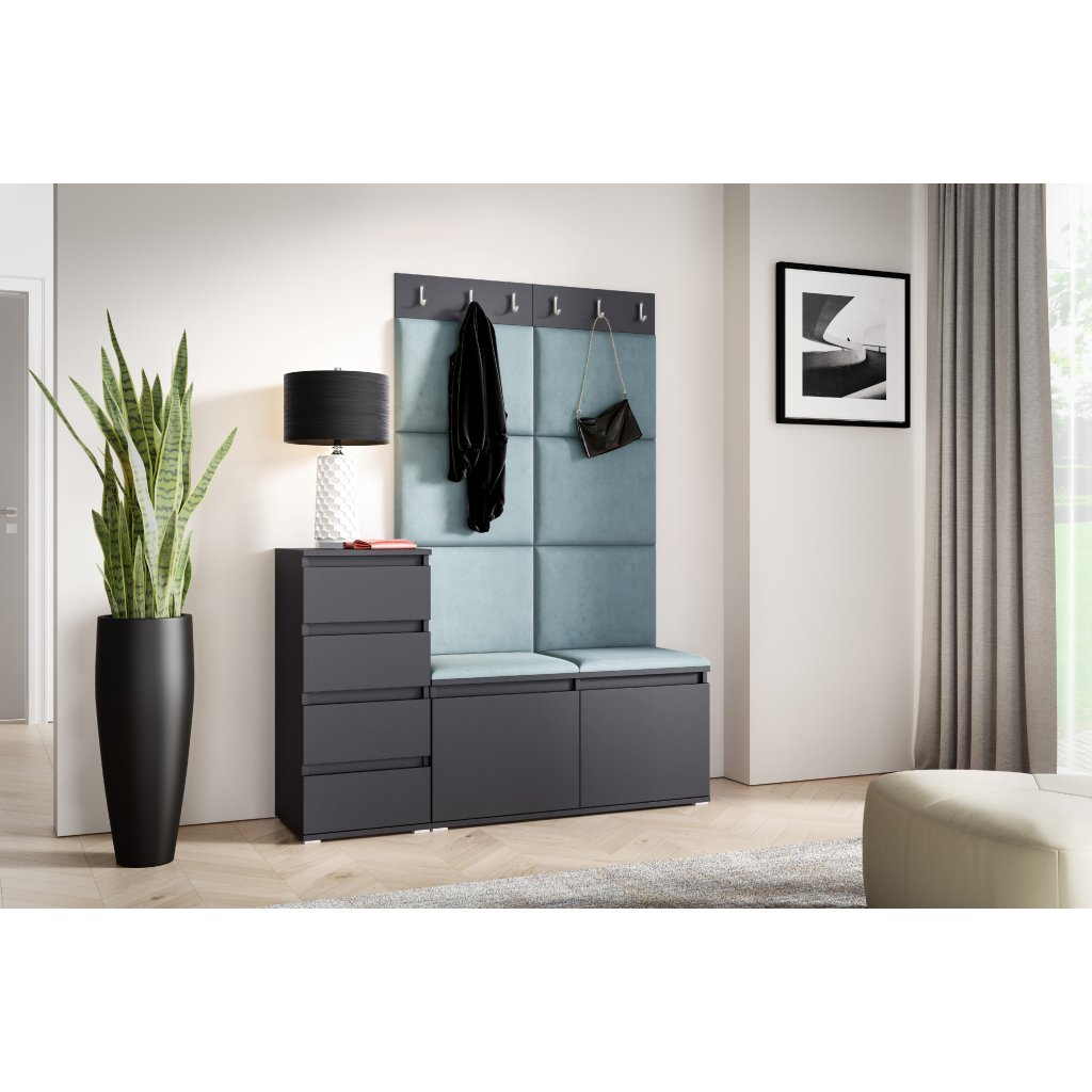 Eka Předsíňová stěna s čalouněnými panely Trinity 34 - Grafit / Světlá modrá 2322