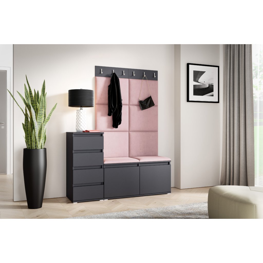 Eka Předsíňová stěna s čalouněnými panely Trinity 34 - Grafit / Světlá růžová 2319