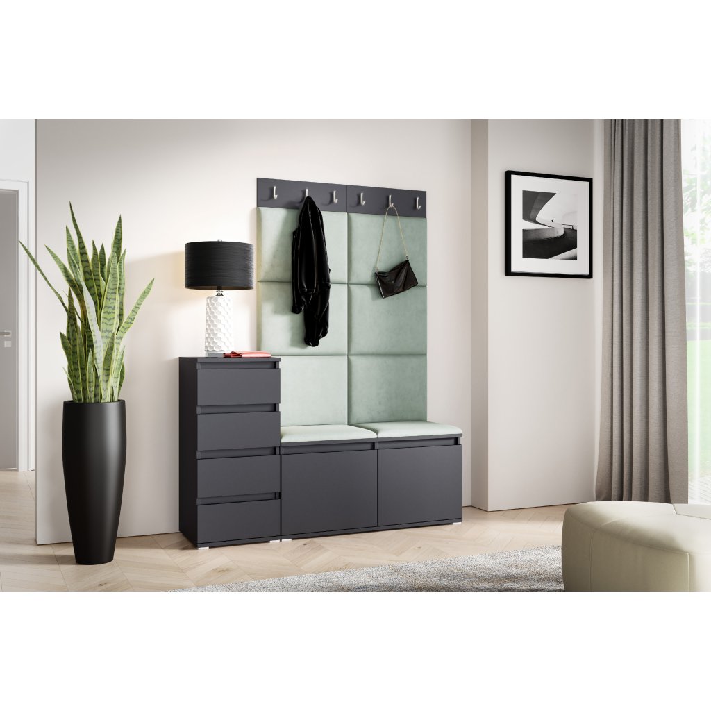 Eka Předsíňová stěna s čalouněnými panely Trinity 34 - Grafit / Světlá zelená 2321