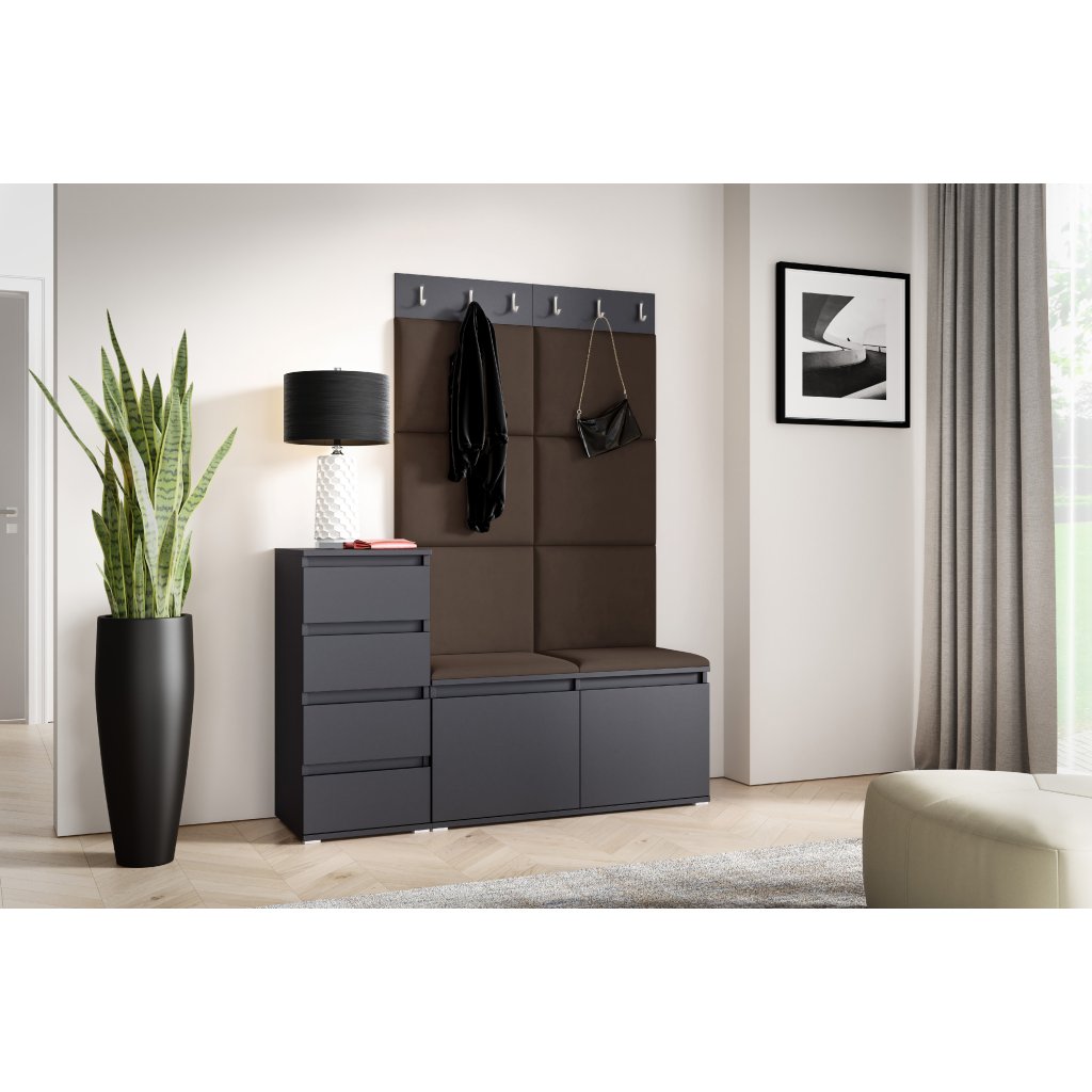 Eka Předsíňová stěna s čalouněnými panely Trinity 34 - Grafit / Tmavá hnědá 2308