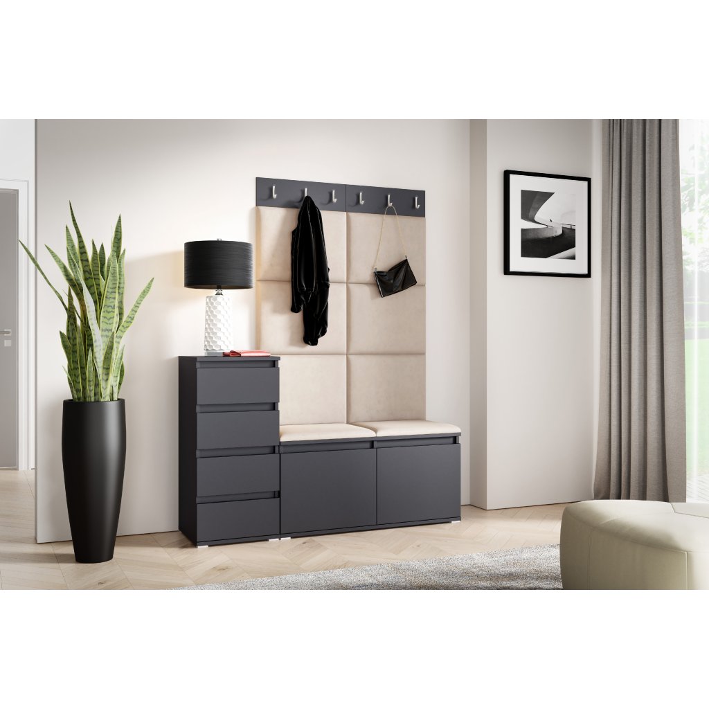 Eka Předsíňová stěna s čalouněnými panely Trinity 34 - Grafit / Tmavá krémová 2302