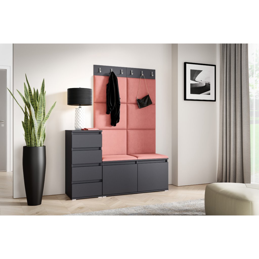 Eka Předsíňová stěna s čalouněnými panely Trinity 34 - Grafit / Tmavá růžová 2323