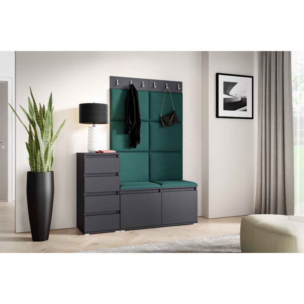 Eka Předsíňová stěna s čalouněnými panely Trinity 34 - Grafit / Tmavá zelená 2328