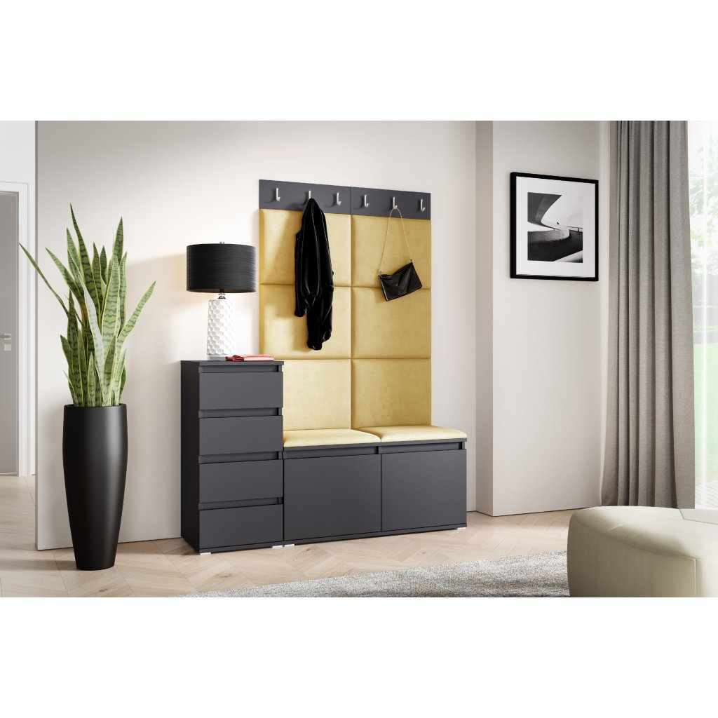 Eka Předsíňová stěna s čalouněnými panely Trinity 34 - Grafit / Žlutá 2318