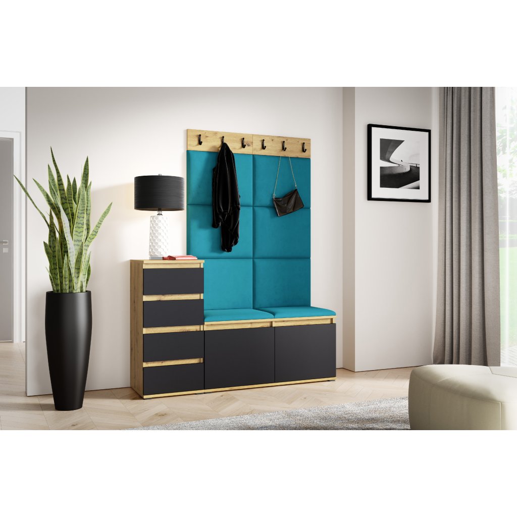 Eka Předsíňová stěna s čalouněnými panely Trinity 34 - Dub Artisan s černou /Azurová 2313