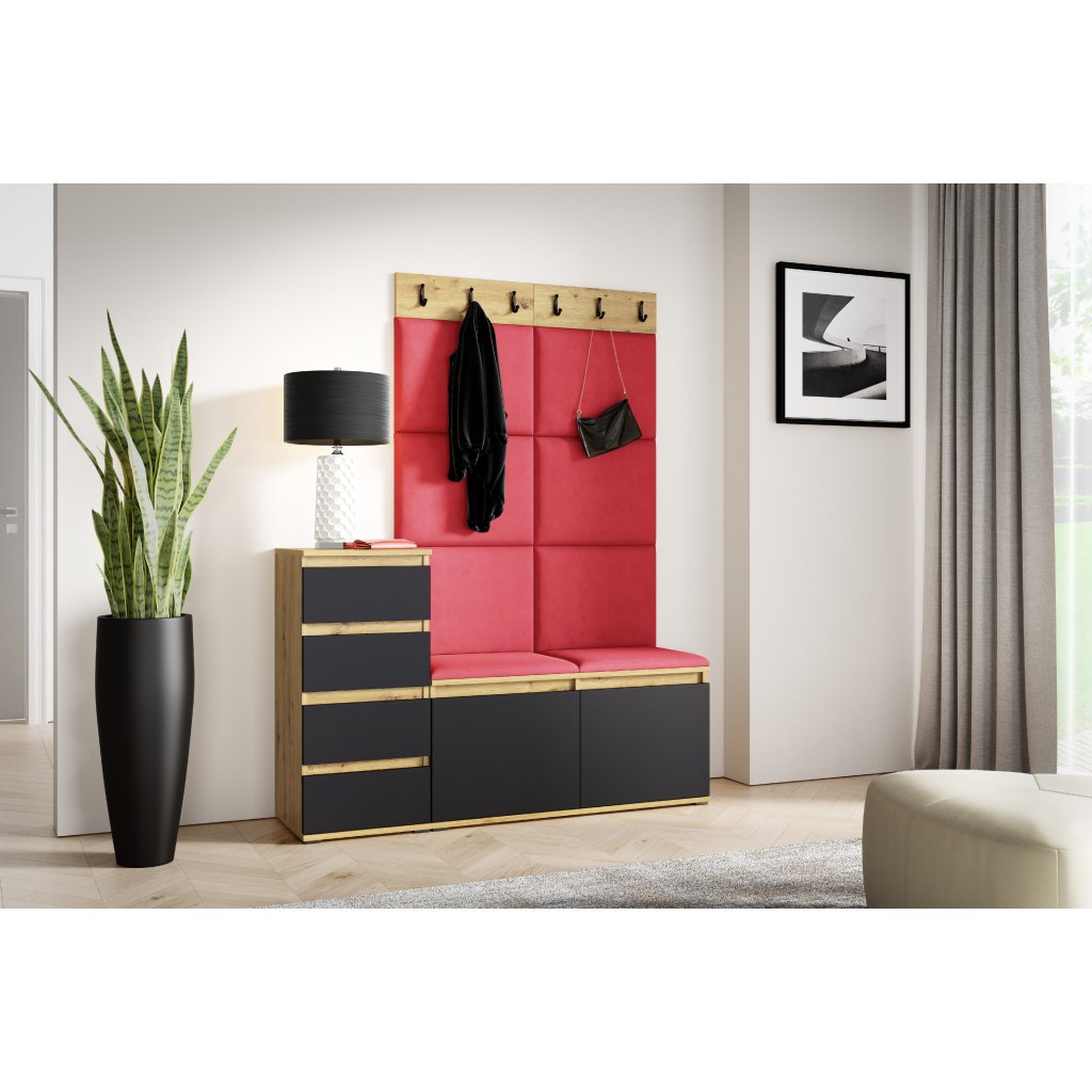 Eka Předsíňová stěna s čalouněnými panely Trinity 34 - Dub Artisan s černou /Červená 2309