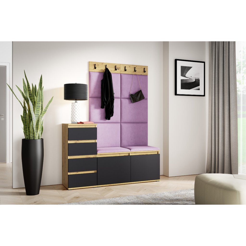 Eka Předsíňová stěna s čalouněnými panely Trinity 34 - Dub Artisan s černou /Fialová 2311