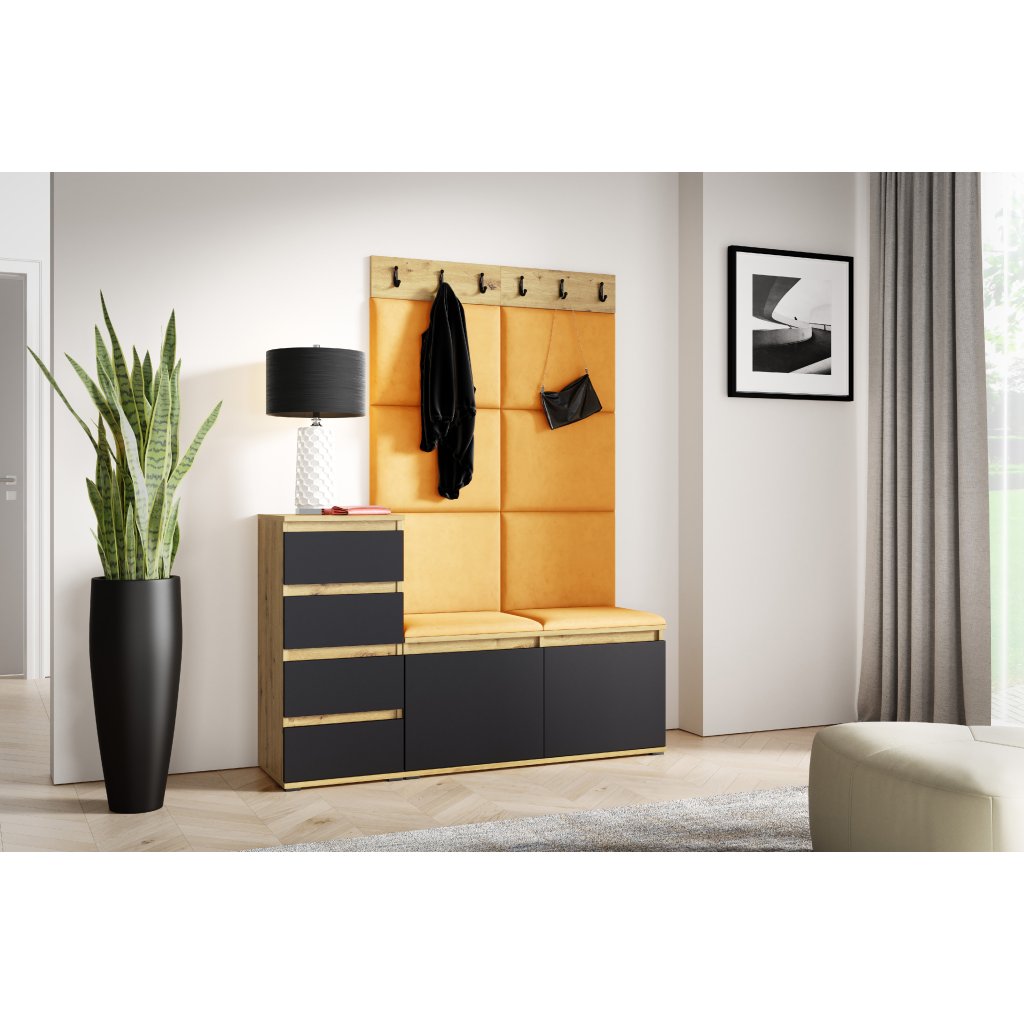 Eka Předsíňová stěna s čalouněnými panely Trinity 34 - Dub Artisan s černou /Hořčicová 2326