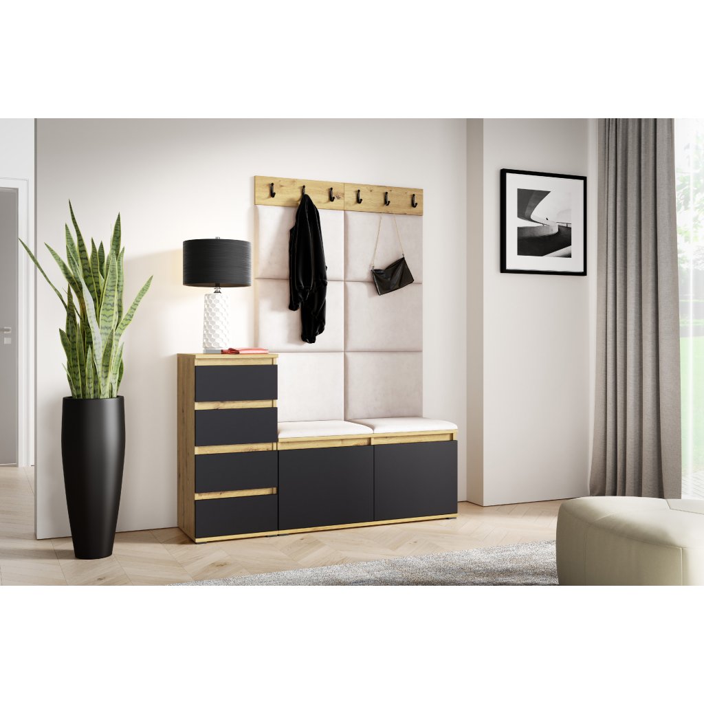 Eka Předsíňová stěna s čalouněnými panely Trinity 34 - Dub Artisan s černou /Krémová bílá 2301