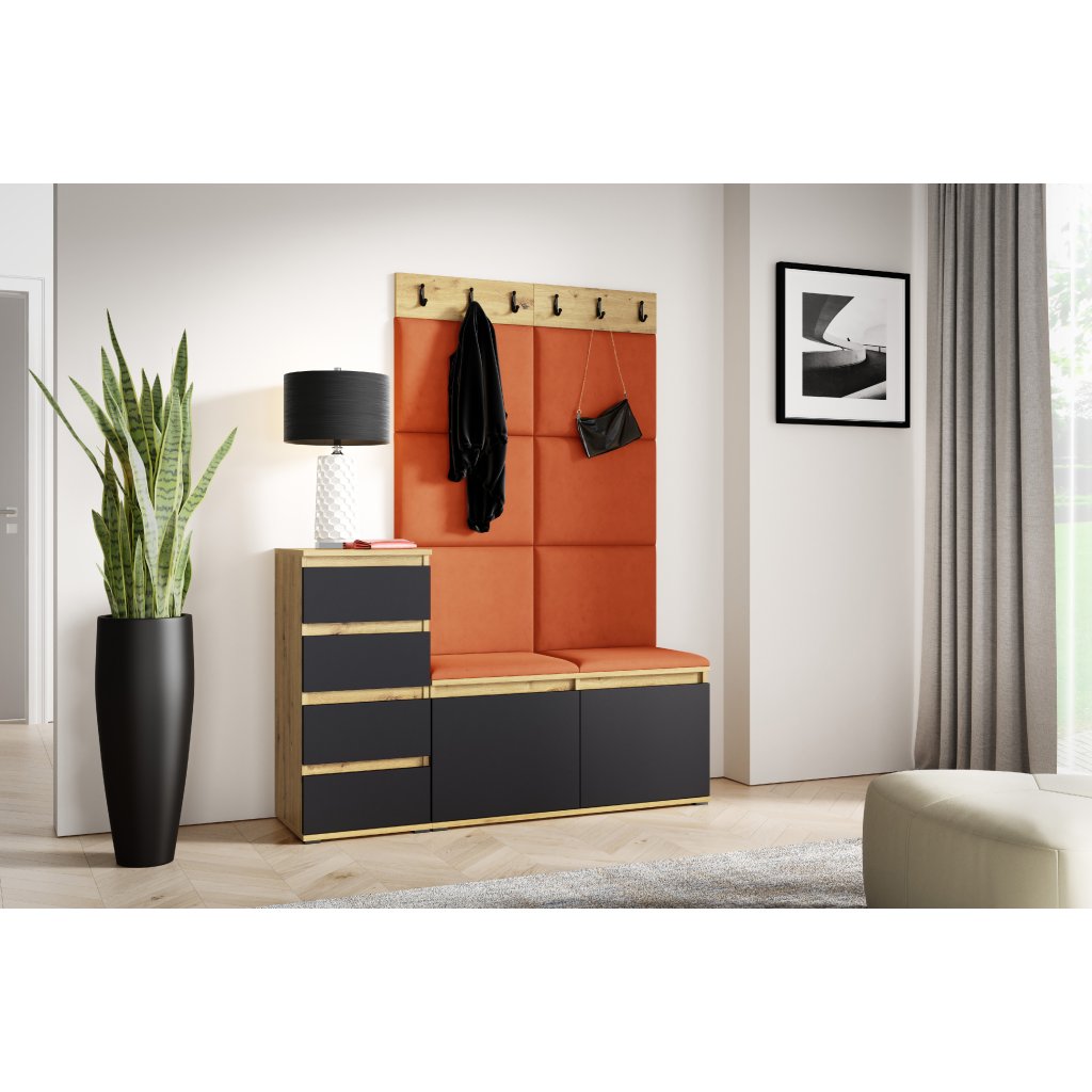 Eka Předsíňová stěna s čalouněnými panely Trinity 34 - Dub Artisan s černou /Okrová 2325