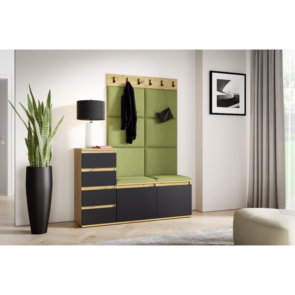 Eka Předsíňová stěna s čalouněnými panely Trinity 34 - Dub Artisan s černou /Olivová 2312