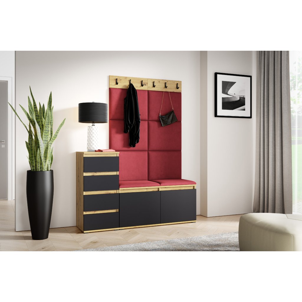 Eka Předsíňová stěna s čalouněnými panely Trinity 34 - Dub Artisan s černou /Rubínová 2324
