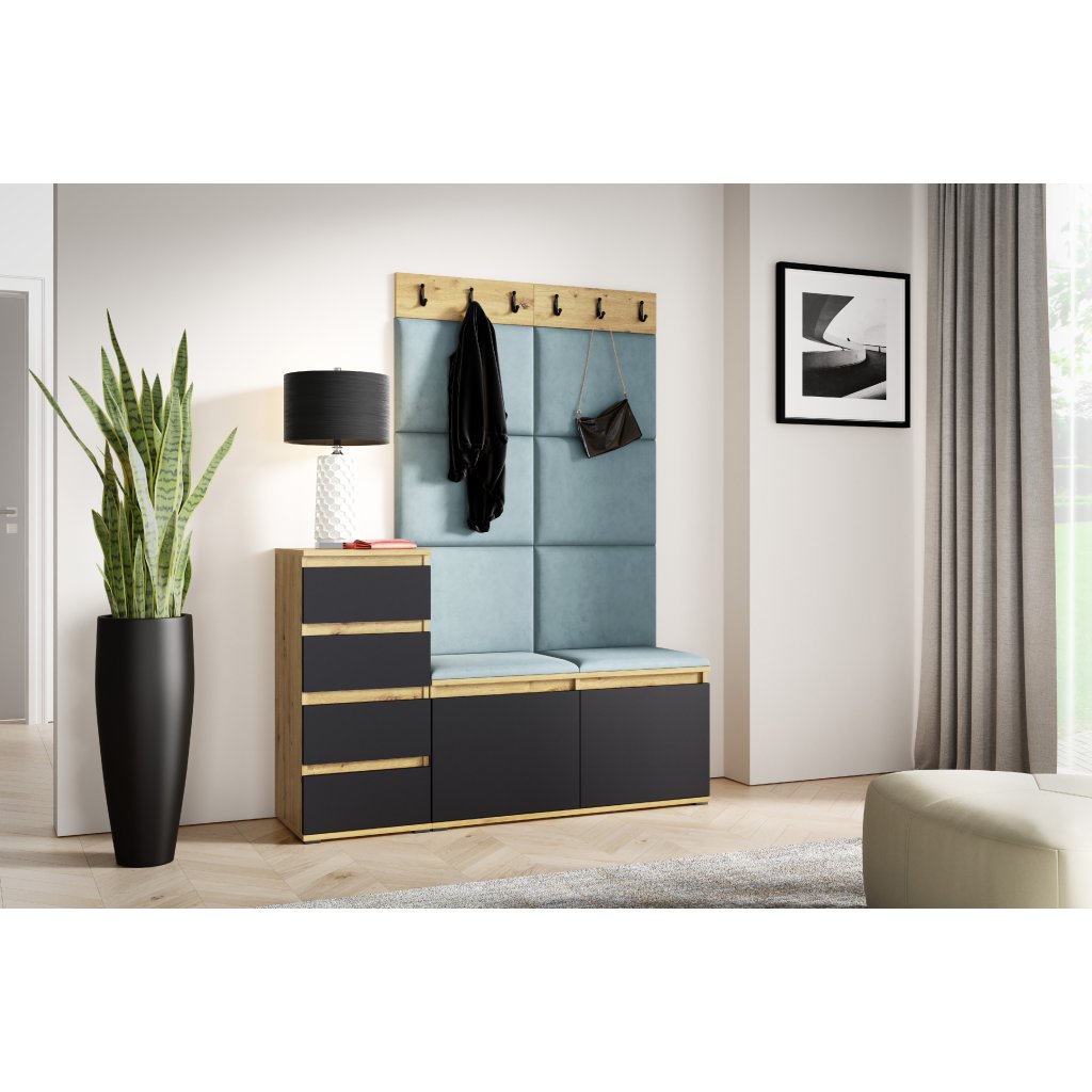 Eka Předsíňová stěna s čalouněnými panely Trinity 34 - Dub Artisan s černou /Světlá modrá 2322