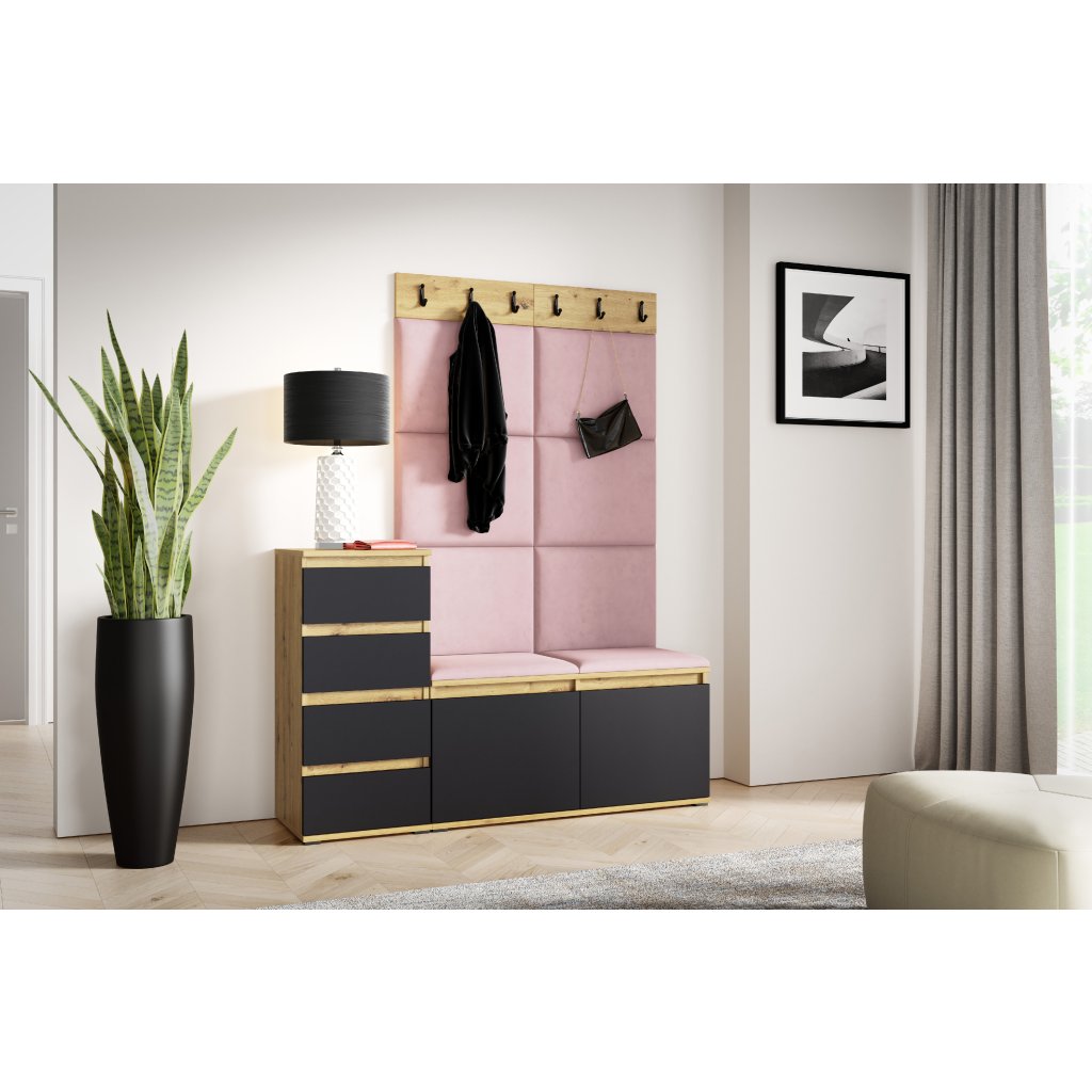 Eka Předsíňová stěna s čalouněnými panely Trinity 34 - Dub Artisan s černou /Světlá růžová 2319