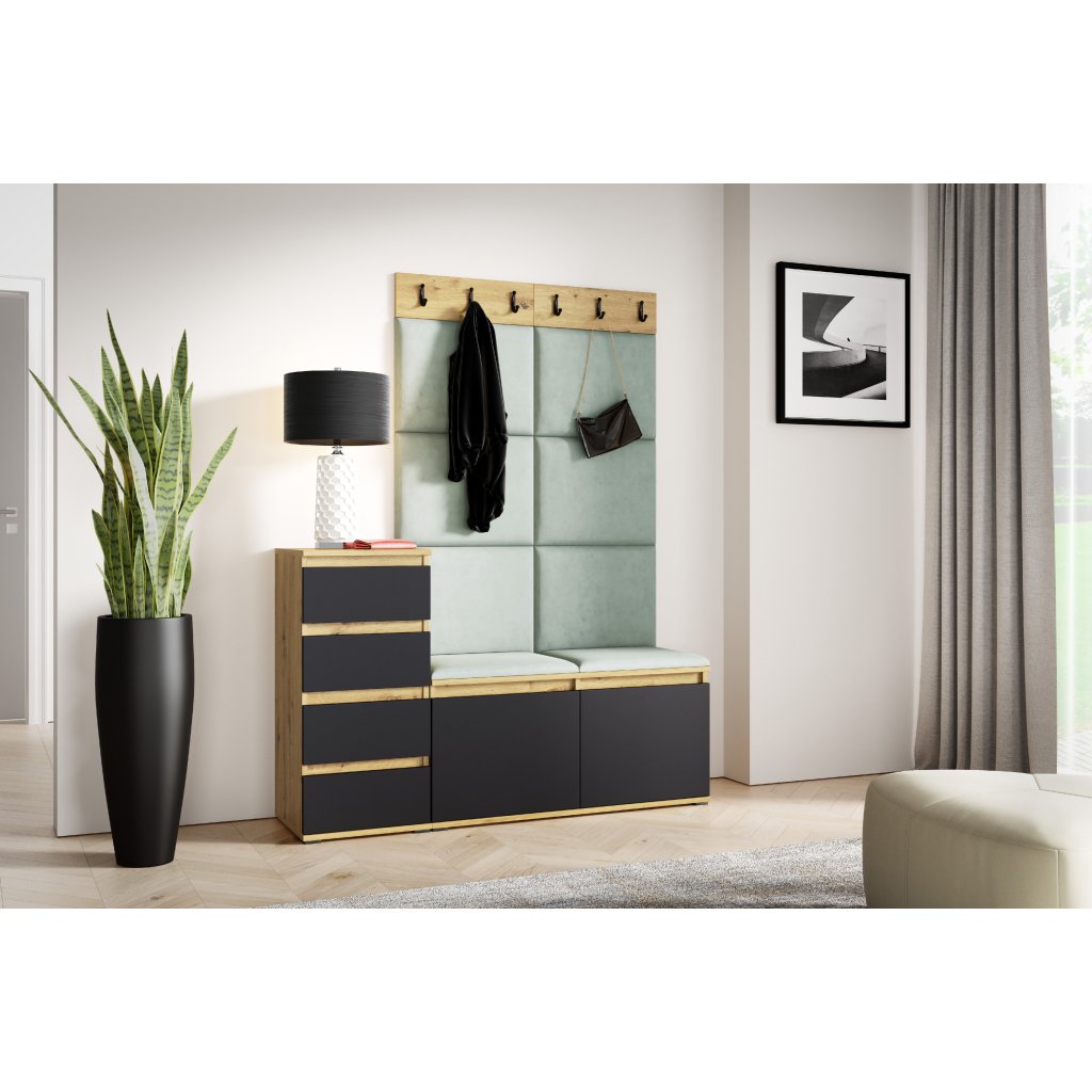 Eka Předsíňová stěna s čalouněnými panely Trinity 34 - Dub Artisan s černou /Světlá zelená 2321