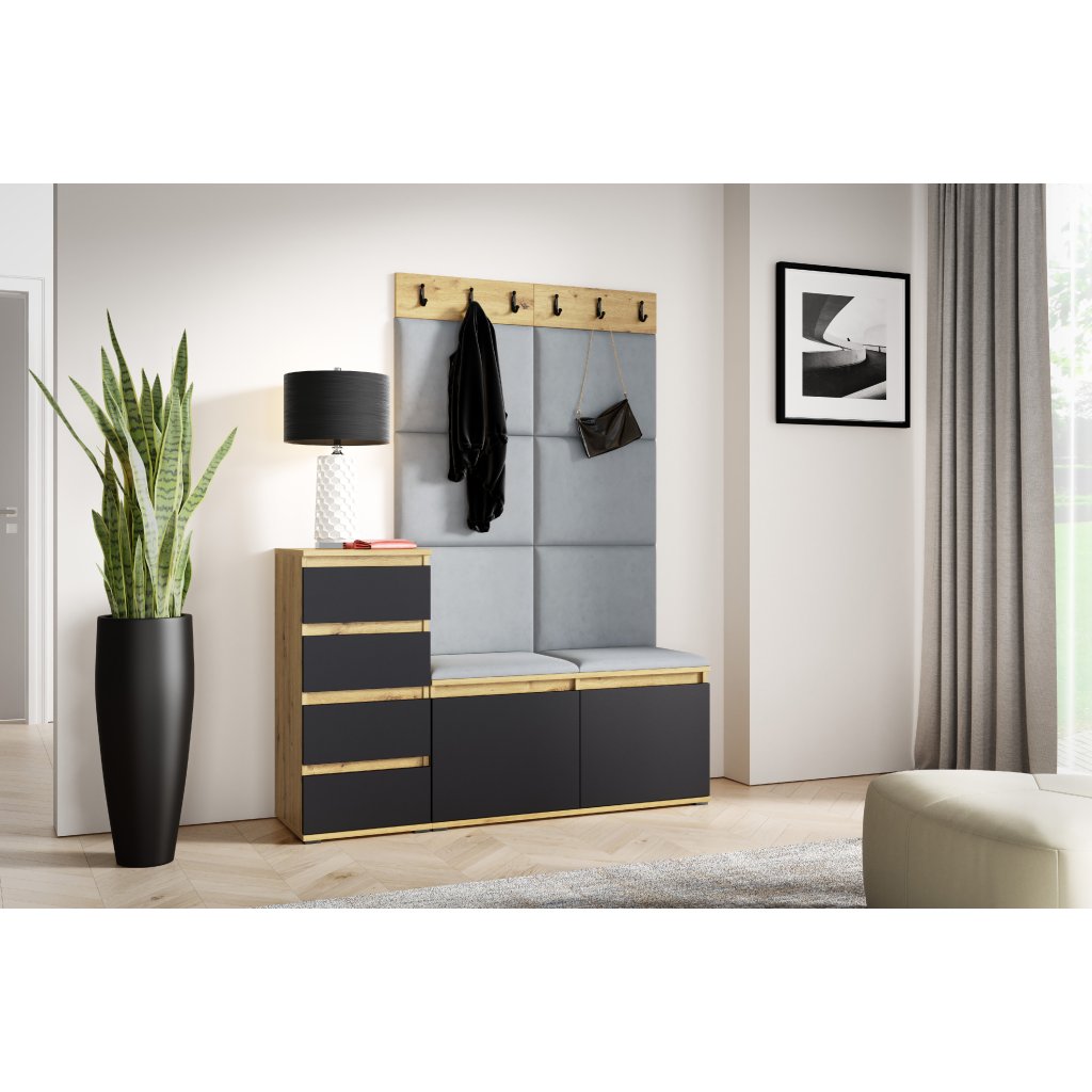 Eka Předsíňová stěna s čalouněnými panely Trinity 34 - Dub Artisan s černou /Šedá 2314