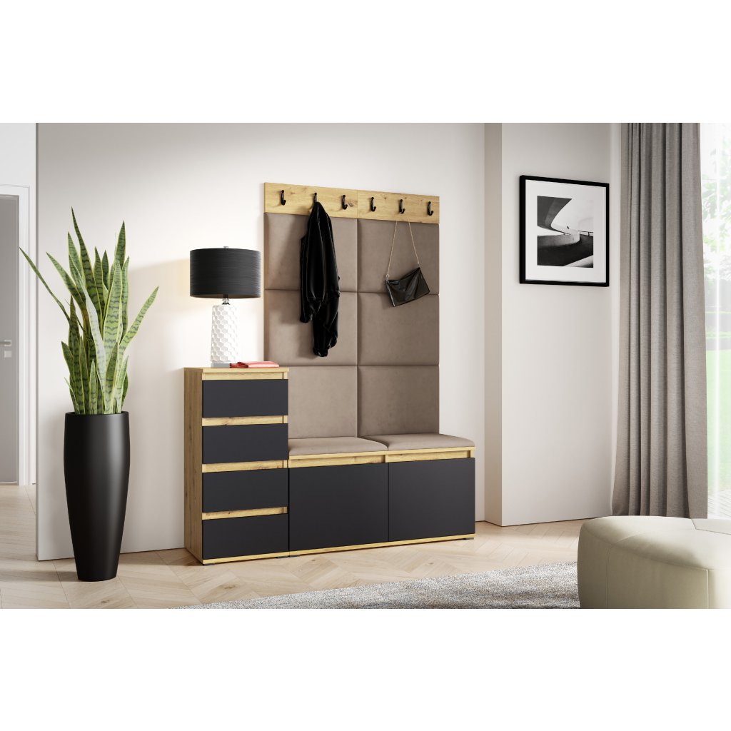 Eka Předsíňová stěna s čalouněnými panely Trinity 34 - Dub Artisan s černou /Tmavá béžová 2305