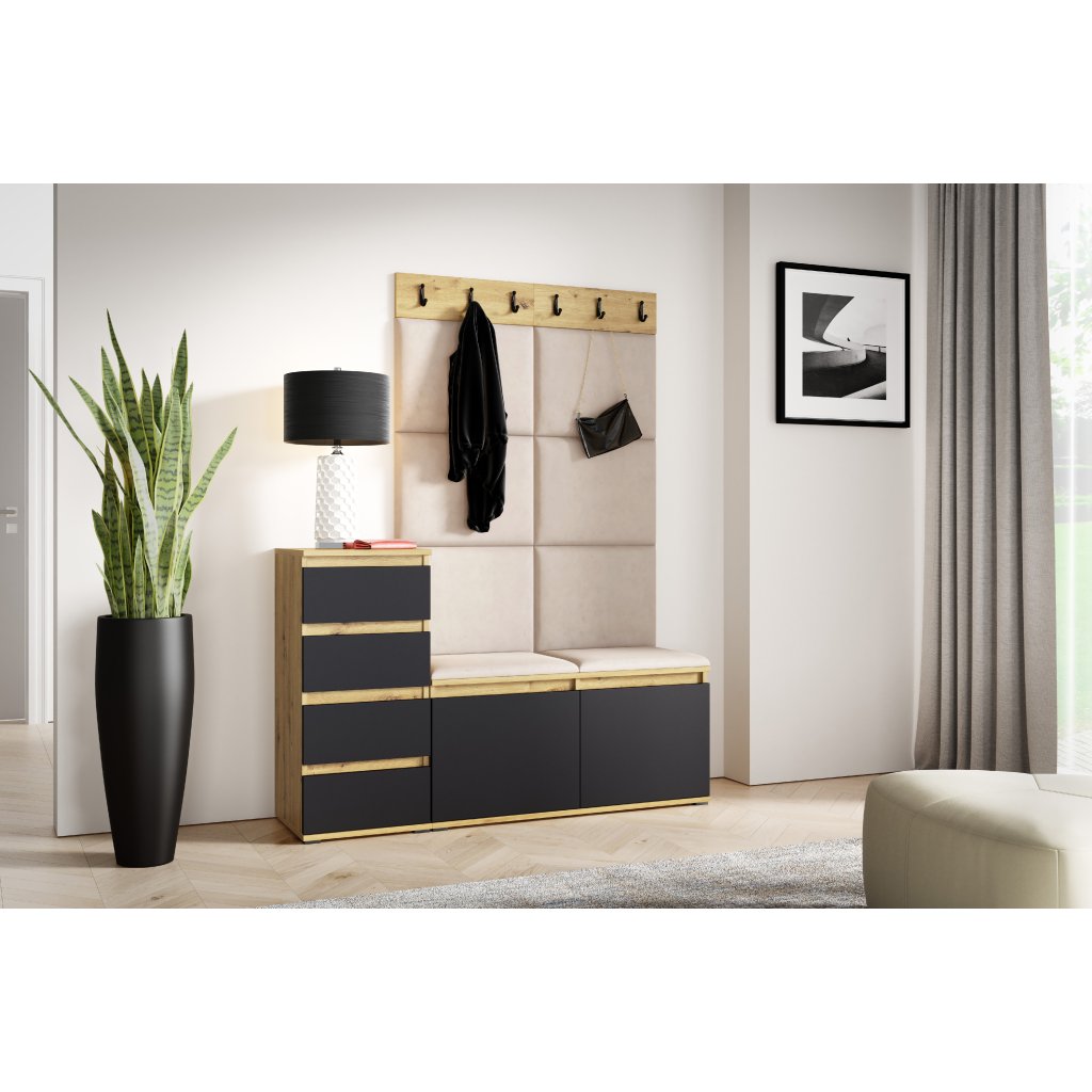 Eka Předsíňová stěna s čalouněnými panely Trinity 34 - Dub Artisan s černou /Tmavá krémová 2302