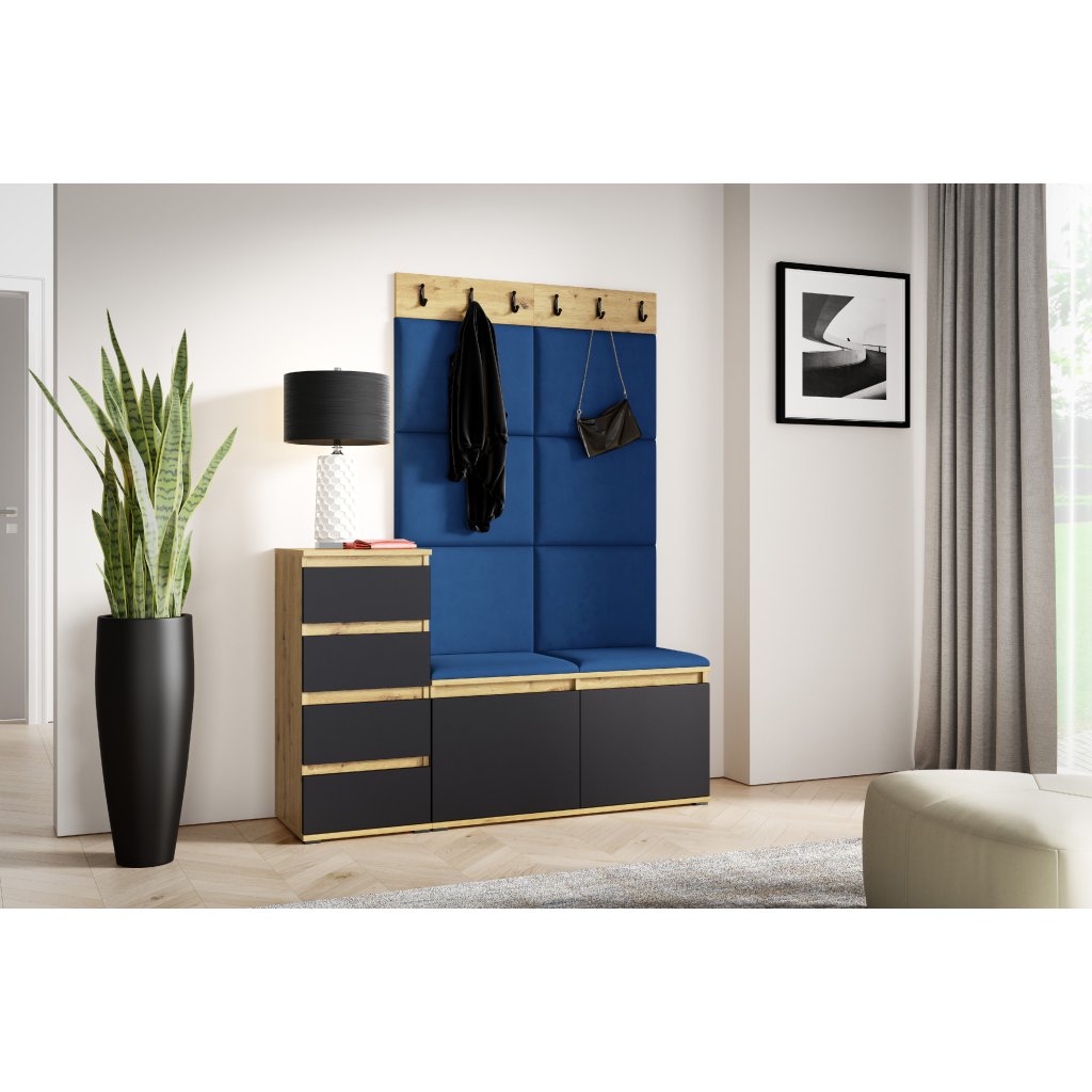 Eka Předsíňová stěna s čalouněnými panely Trinity 34 - Dub Artisan s černou /Tmavá modrá 2331