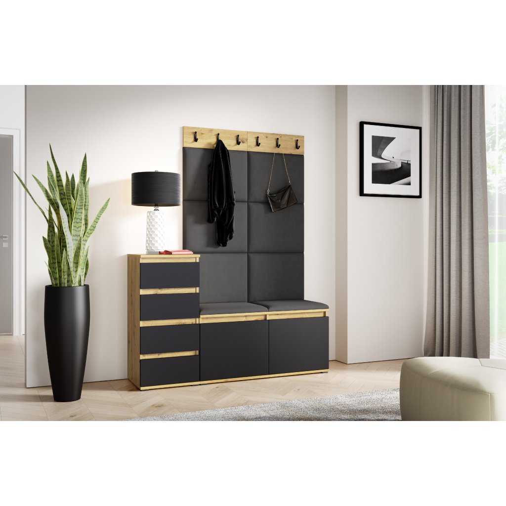 Eka Předsíňová stěna s čalouněnými panely Trinity 34 - Dub Artisan s černou /Tmavá šedá 2315