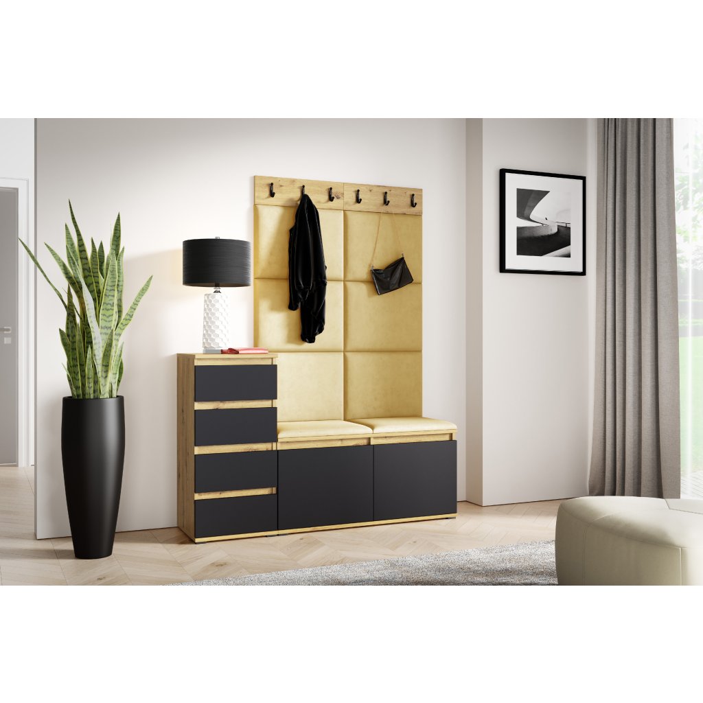 Eka Předsíňová stěna s čalouněnými panely Trinity 34 - Dub Artisan s černou /Žlutá 2318