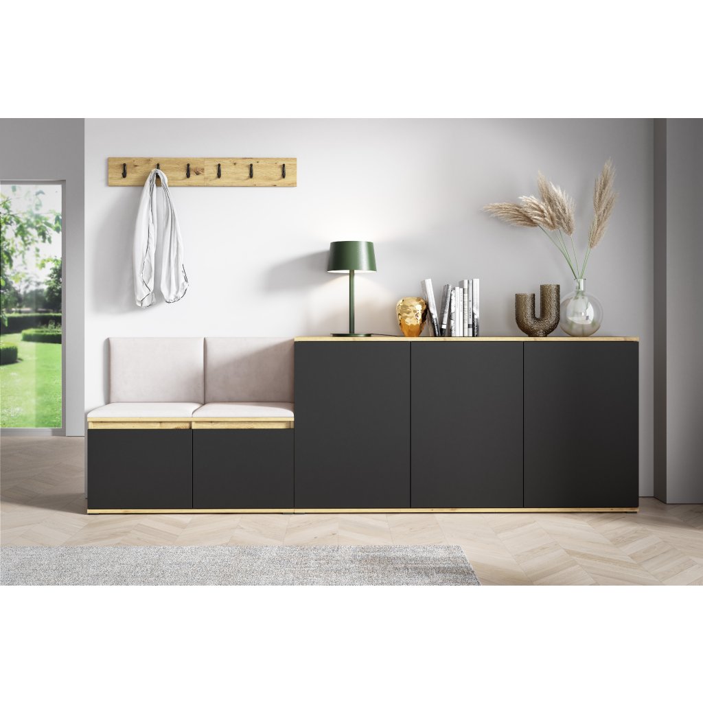 Eka Předsíňová stěna s čalouněnými panely Trinity 35 - Dub Artisan s černou / Krémová bílá 2301