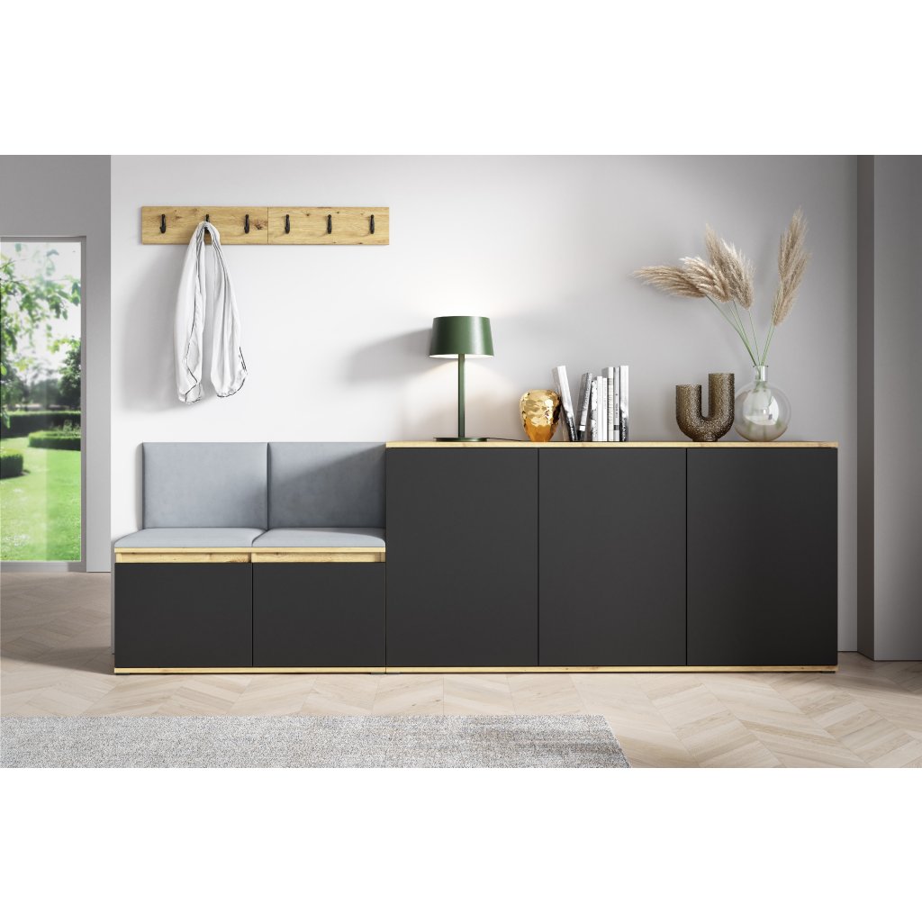 Eka Předsíňová stěna s čalouněnými panely Trinity 35 - Dub Artisan s černou / Šedá 2314