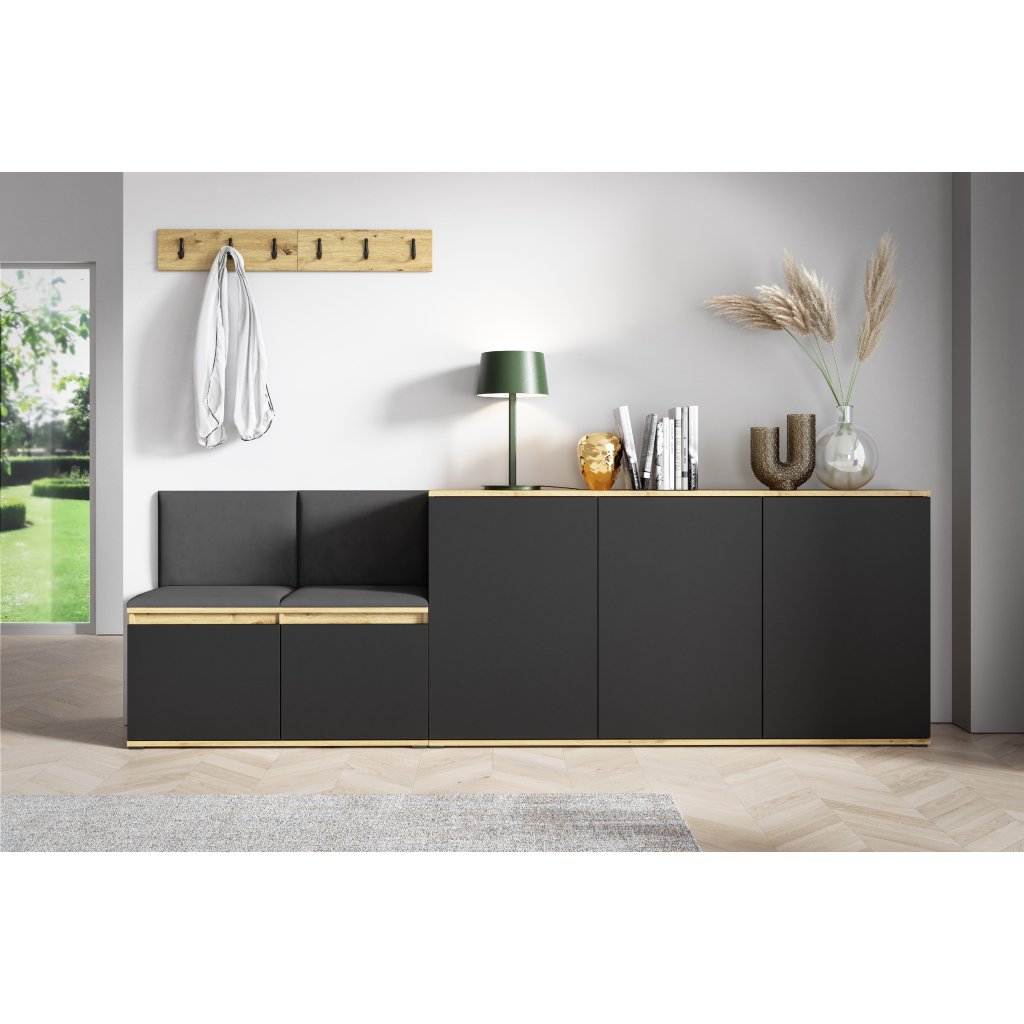 Eka Předsíňová stěna s čalouněnými panely Trinity 35 - Dub Artisan s černou / Tmavá šedá 2315