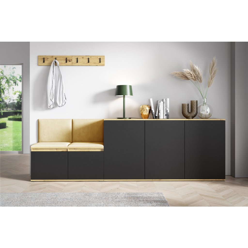 Eka Předsíňová stěna s čalouněnými panely Trinity 35 - Dub Artisan s černou / Žlutá 2318