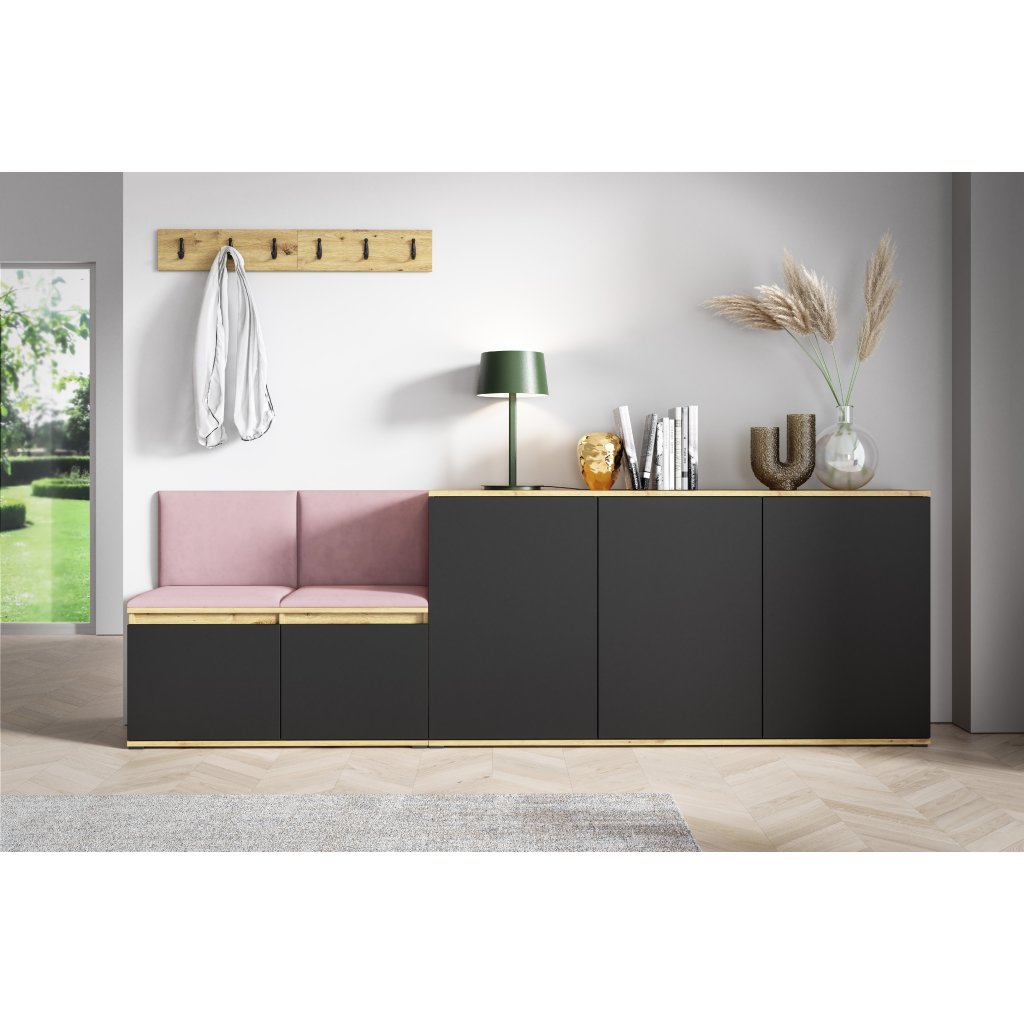 Eka Předsíňová stěna s čalouněnými panely Trinity 35 - Dub Artisan s černou / Světlá růžová 2319