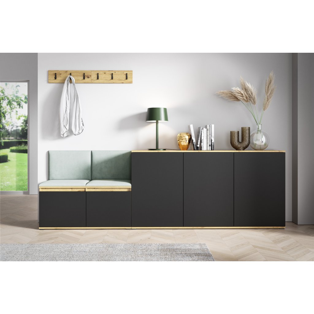 Eka Předsíňová stěna s čalouněnými panely Trinity 35 - Dub Artisan s černou / Světlá zelená 2321