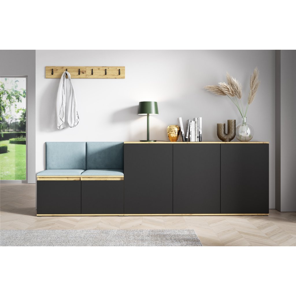 Eka Předsíňová stěna s čalouněnými panely Trinity 35 - Dub Artisan s černou / Světlá modrá 2322