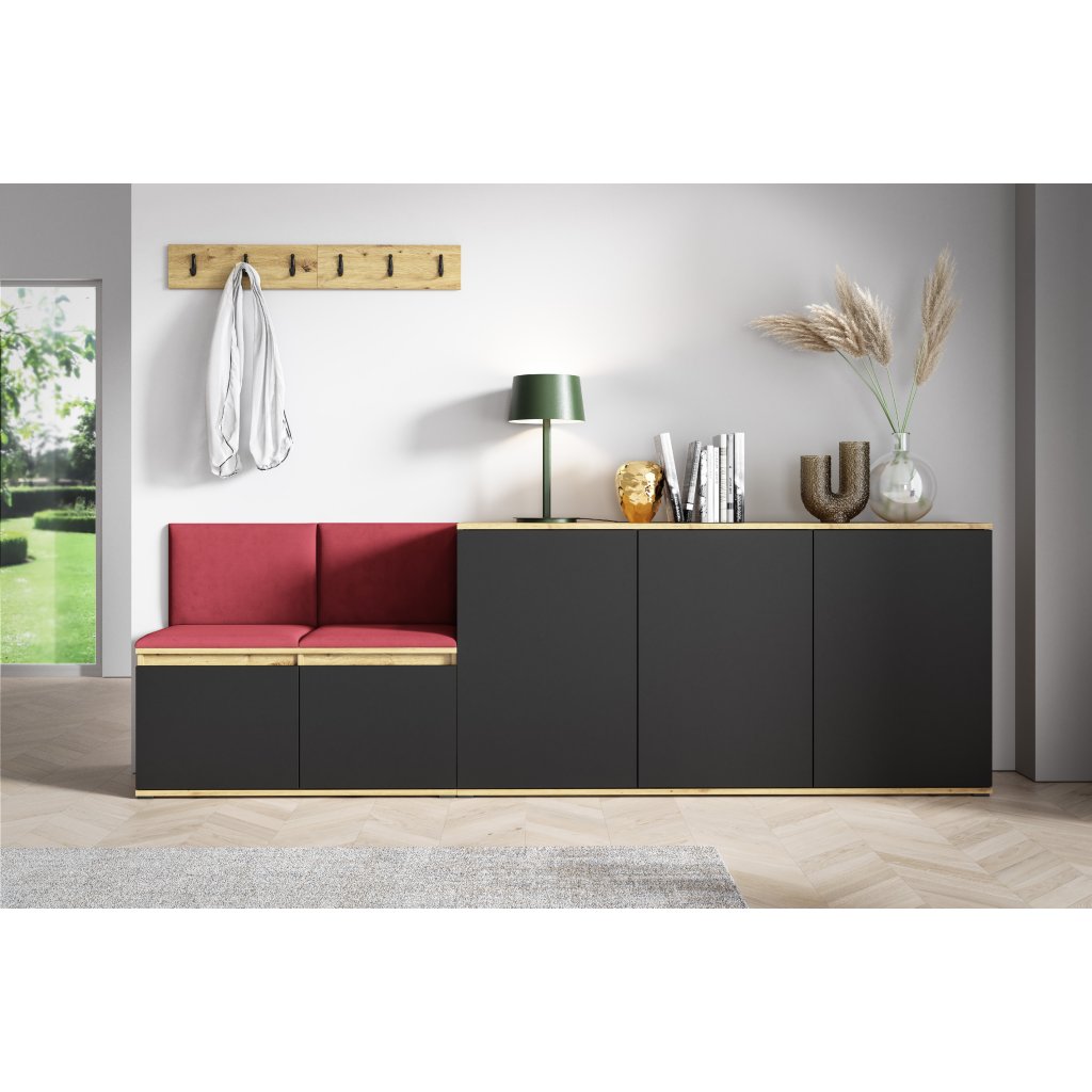 Eka Předsíňová stěna s čalouněnými panely Trinity 35 - Dub Artisan s černou / Rubínová 2324